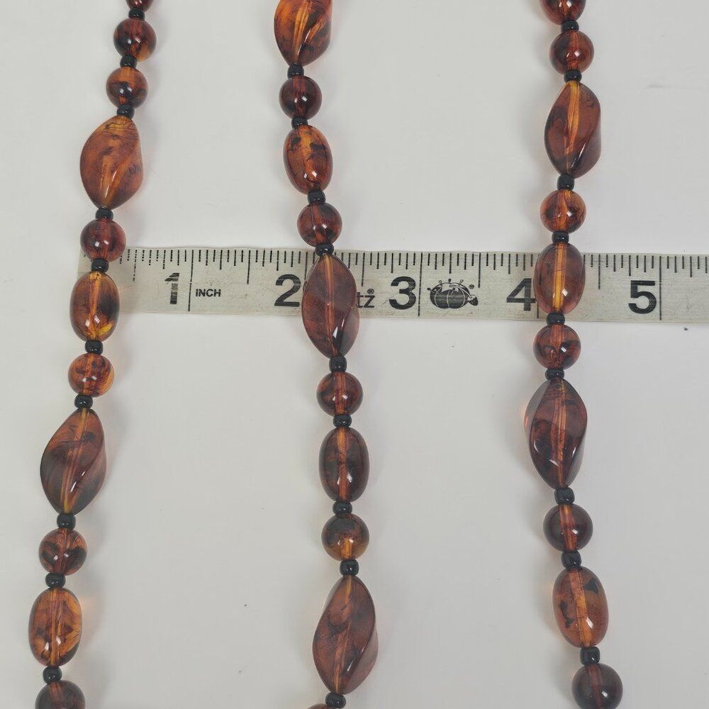 Vintage Long 30.5" Faux Cognac Amber Necklace Chunky Bead Marbled Plastic Brown - Picture 6 of 11